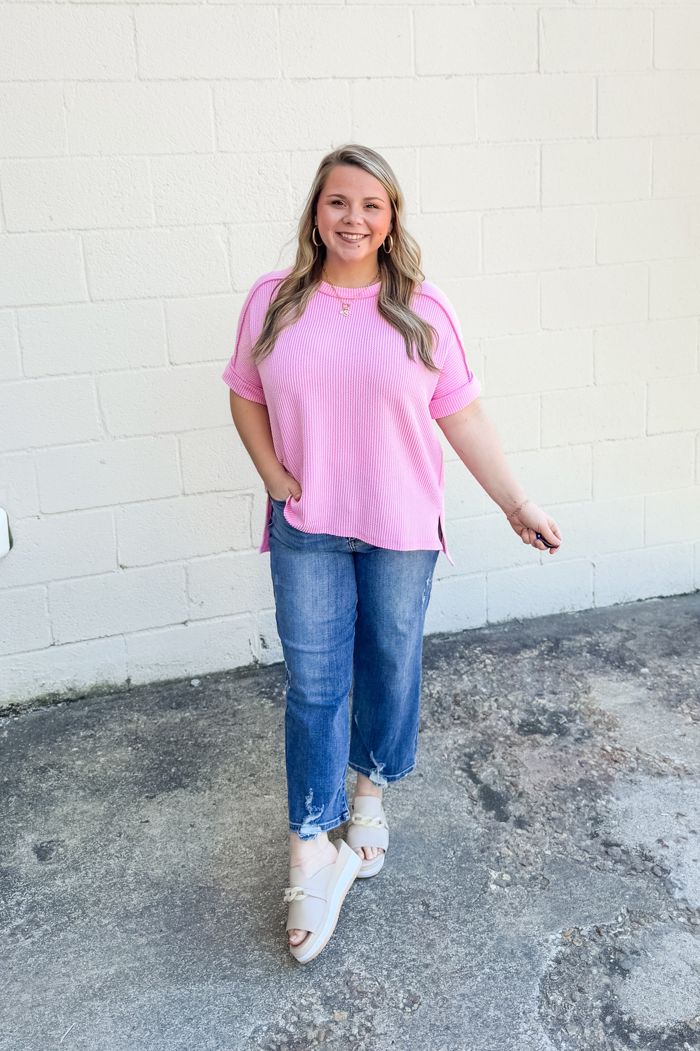 Jordan Crew Neck Ribbed Top, Pink