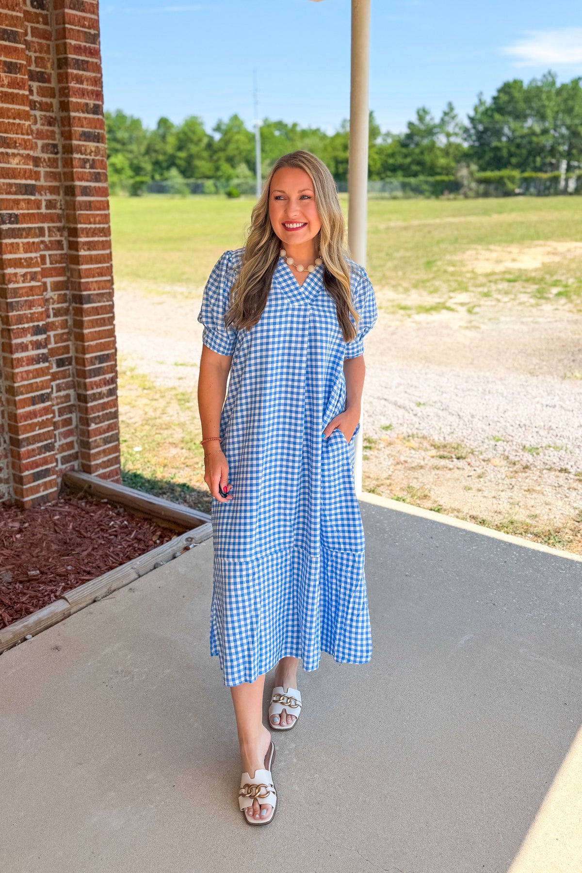 bluebell blue dress Gingham Midi while the tiered skirt