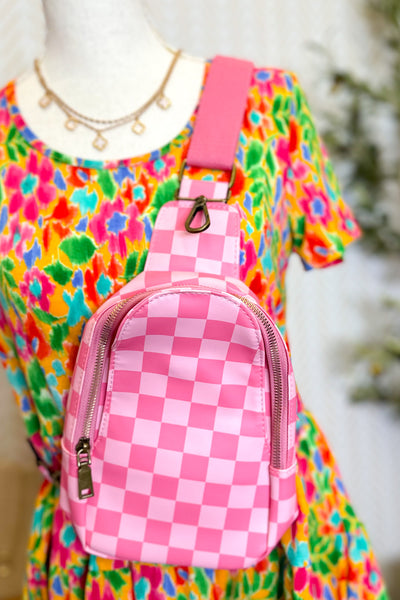 Checkered Sling Bag Purse, Pink