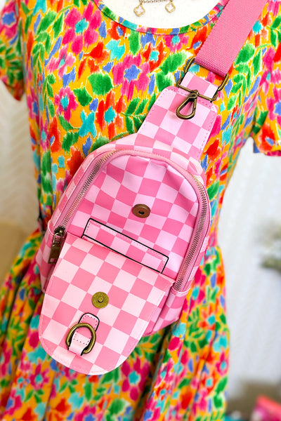 Checkered Sling Bag Purse, Pink