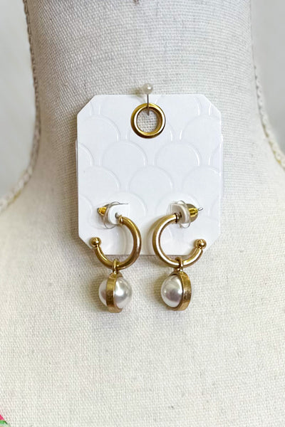 Metal Hoop Drop Earrings with Pearl Pendant, Gold