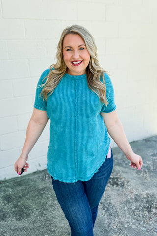 Back Then Right Now Waffle Knit Top, Light Teal