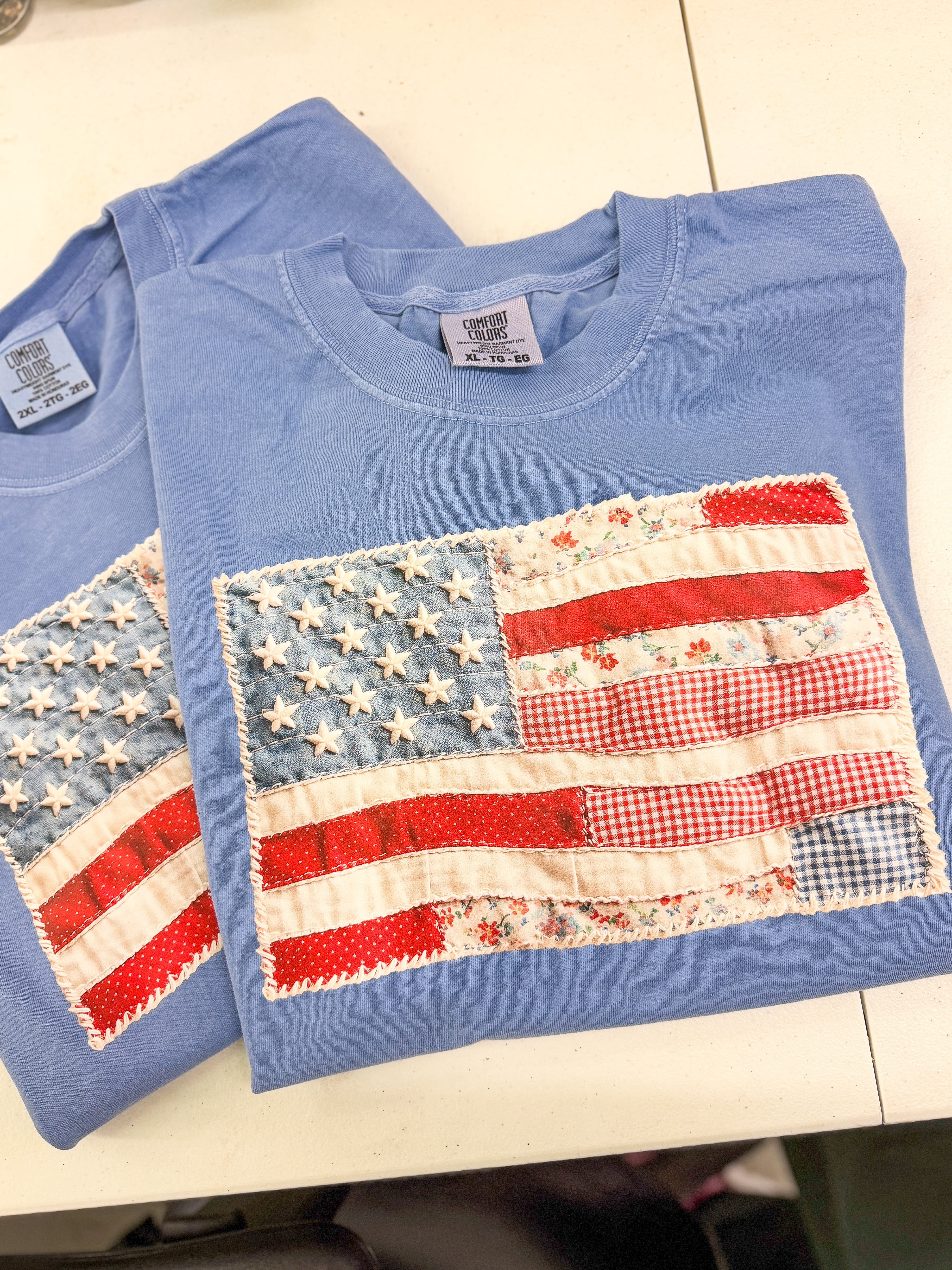 PREORDER: Faux Patchwork Flag Graphic Tee, Washed Denim