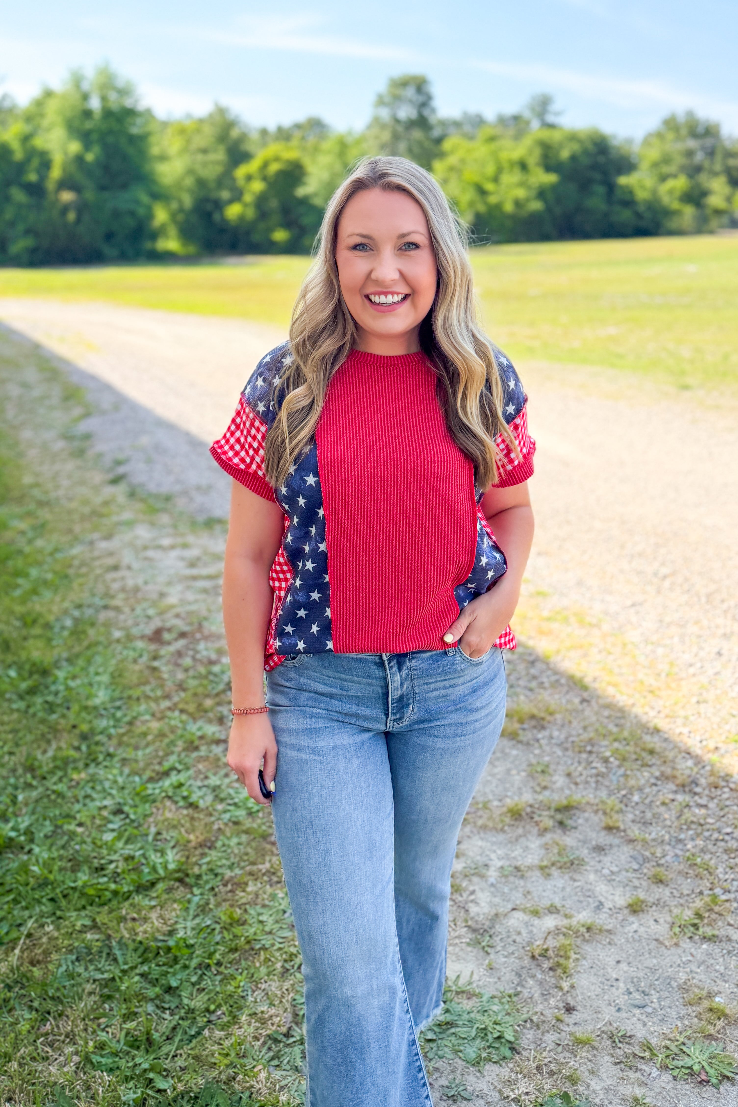 Stars & Gingham Colorblock Top