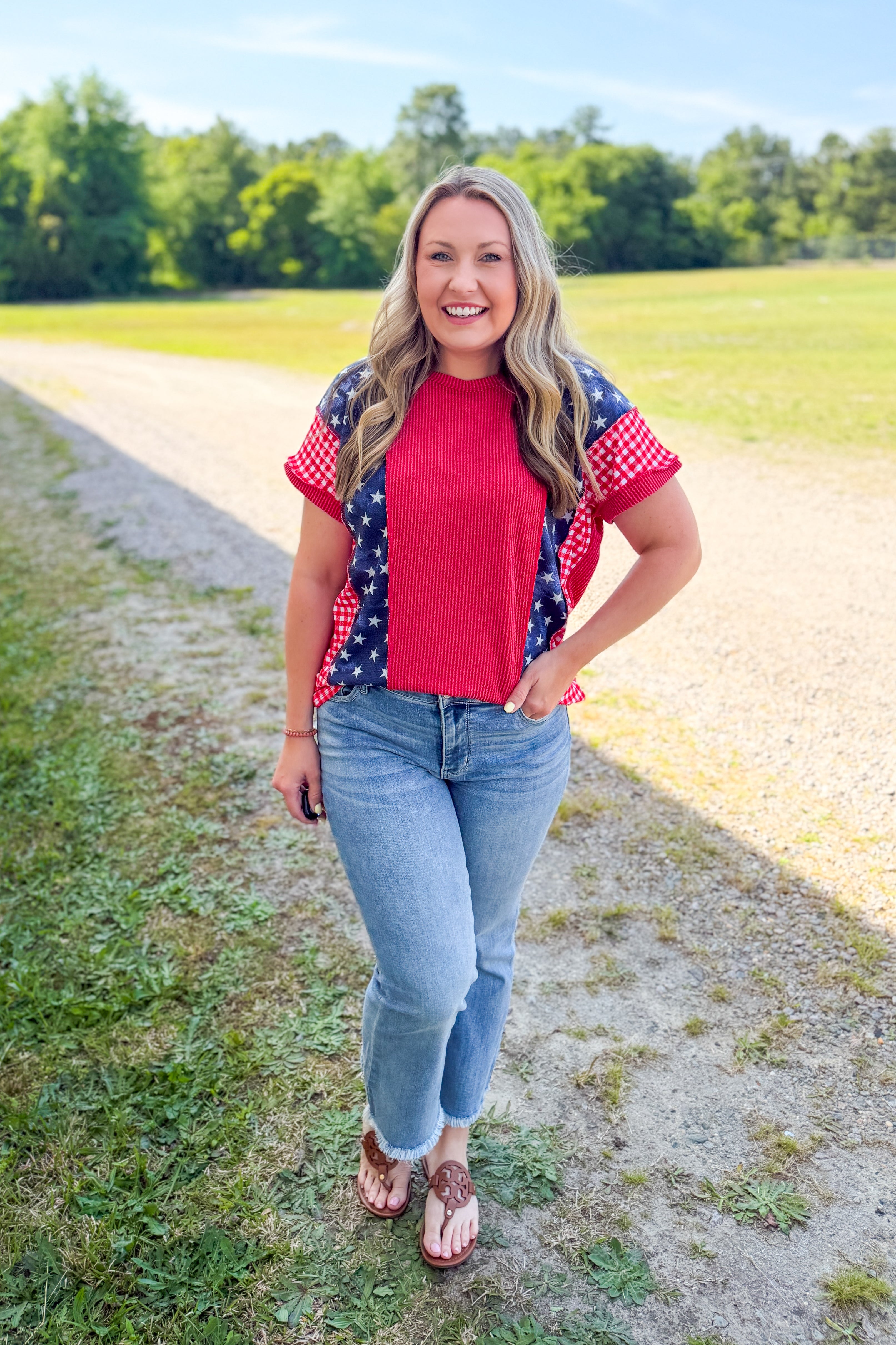 Stars & Gingham Colorblock Top