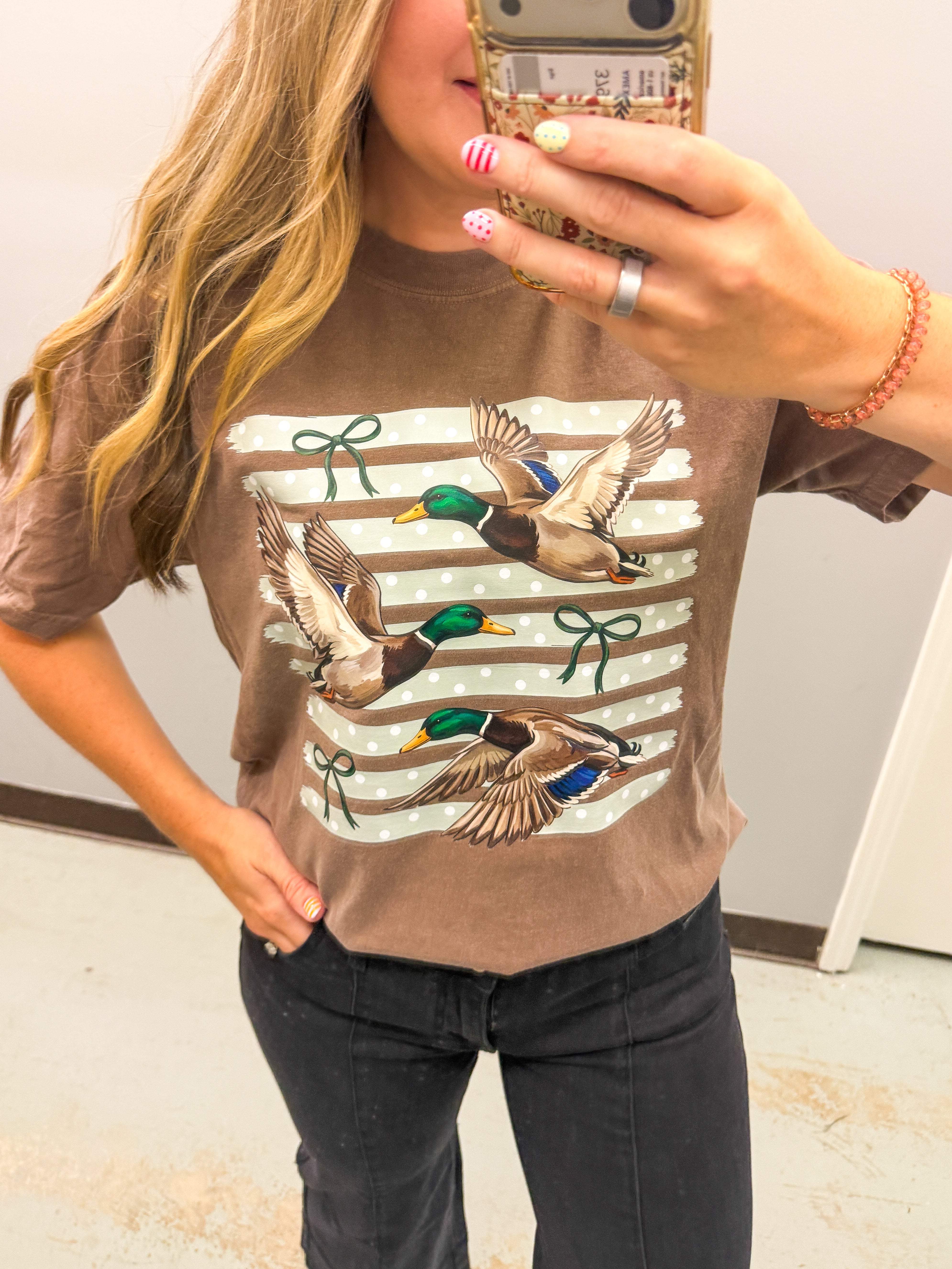 Striped Coquette Vintage Ducks Graphic Tee, Espresso