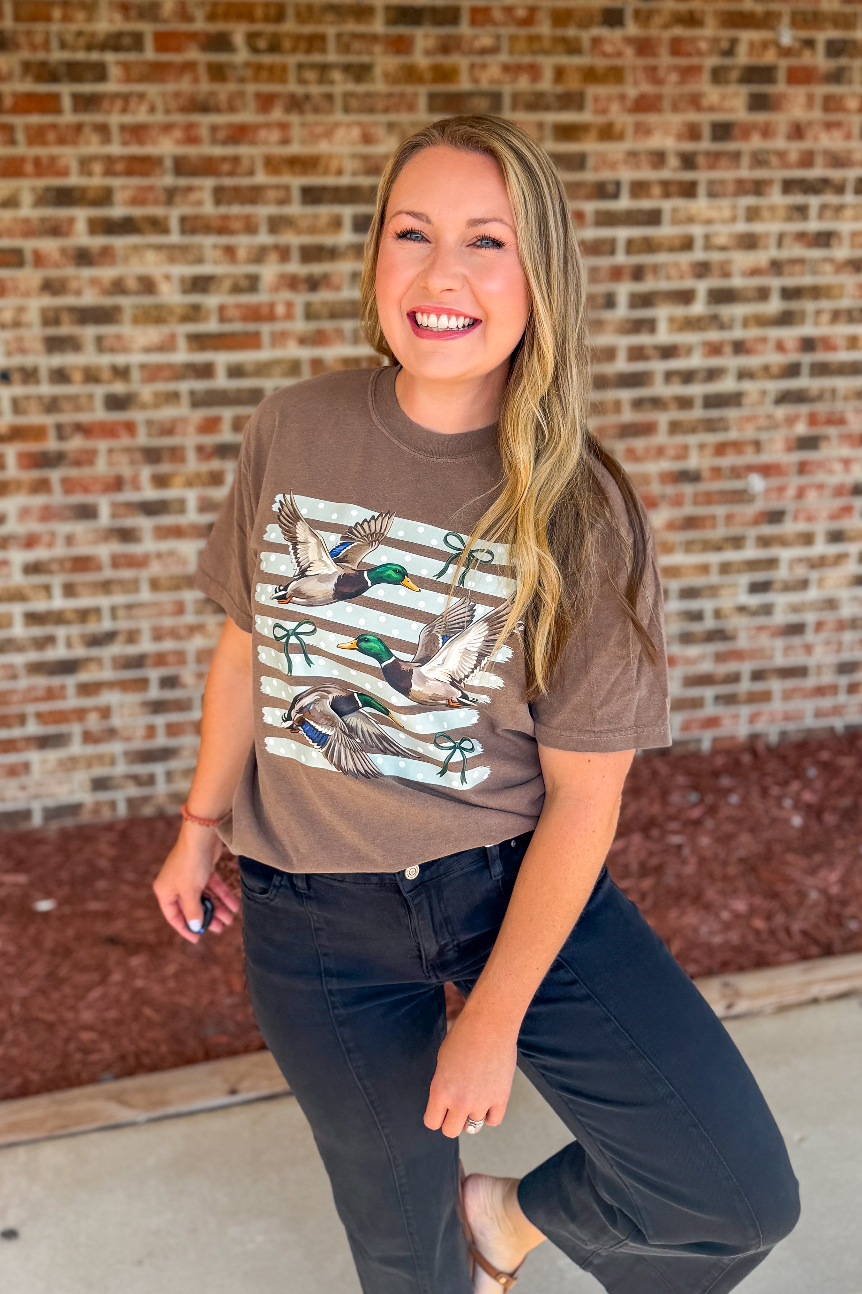 Striped Coquette Vintage Ducks Graphic Tee, Espresso