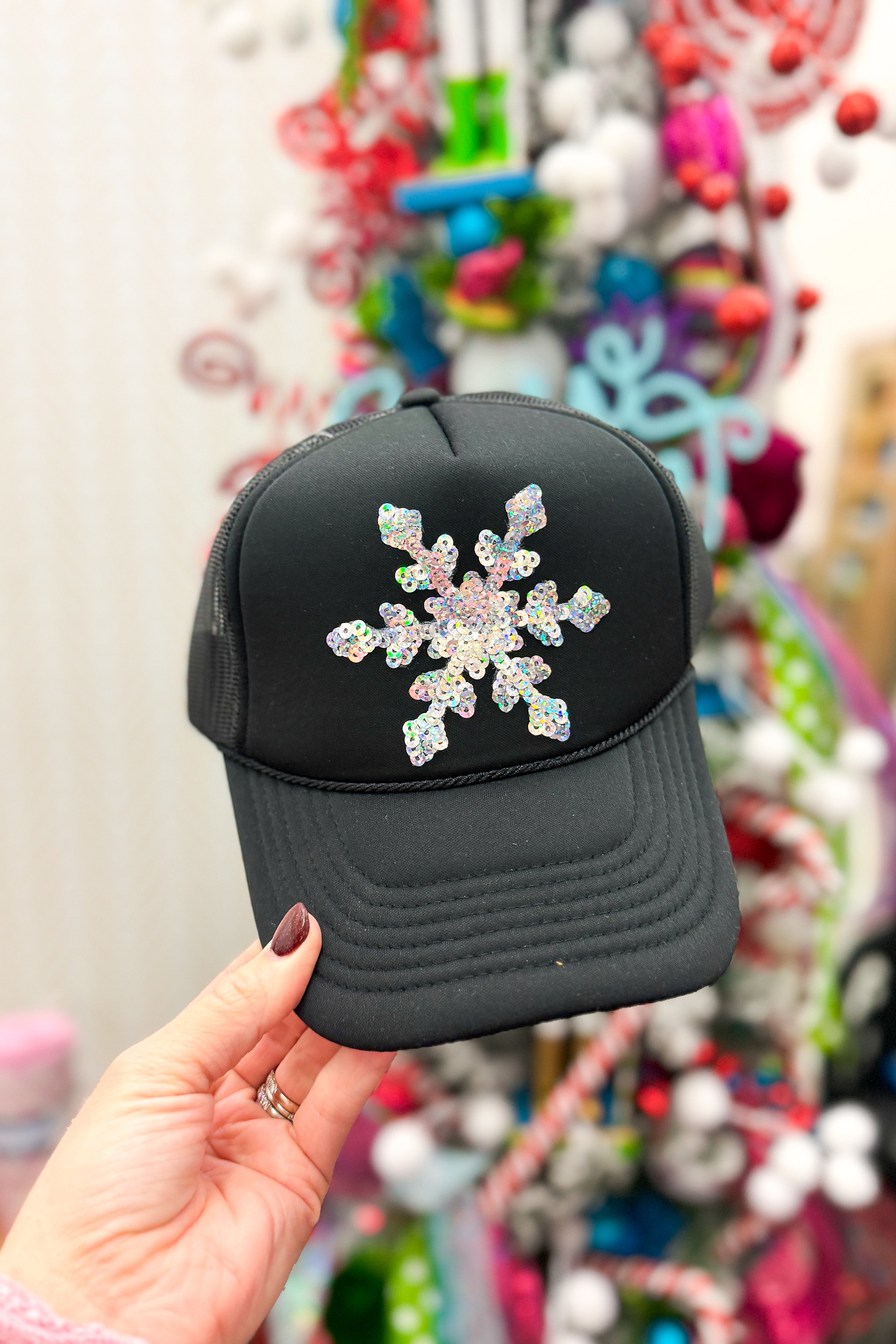 Sequin Snowflake Trucker Hat, Black