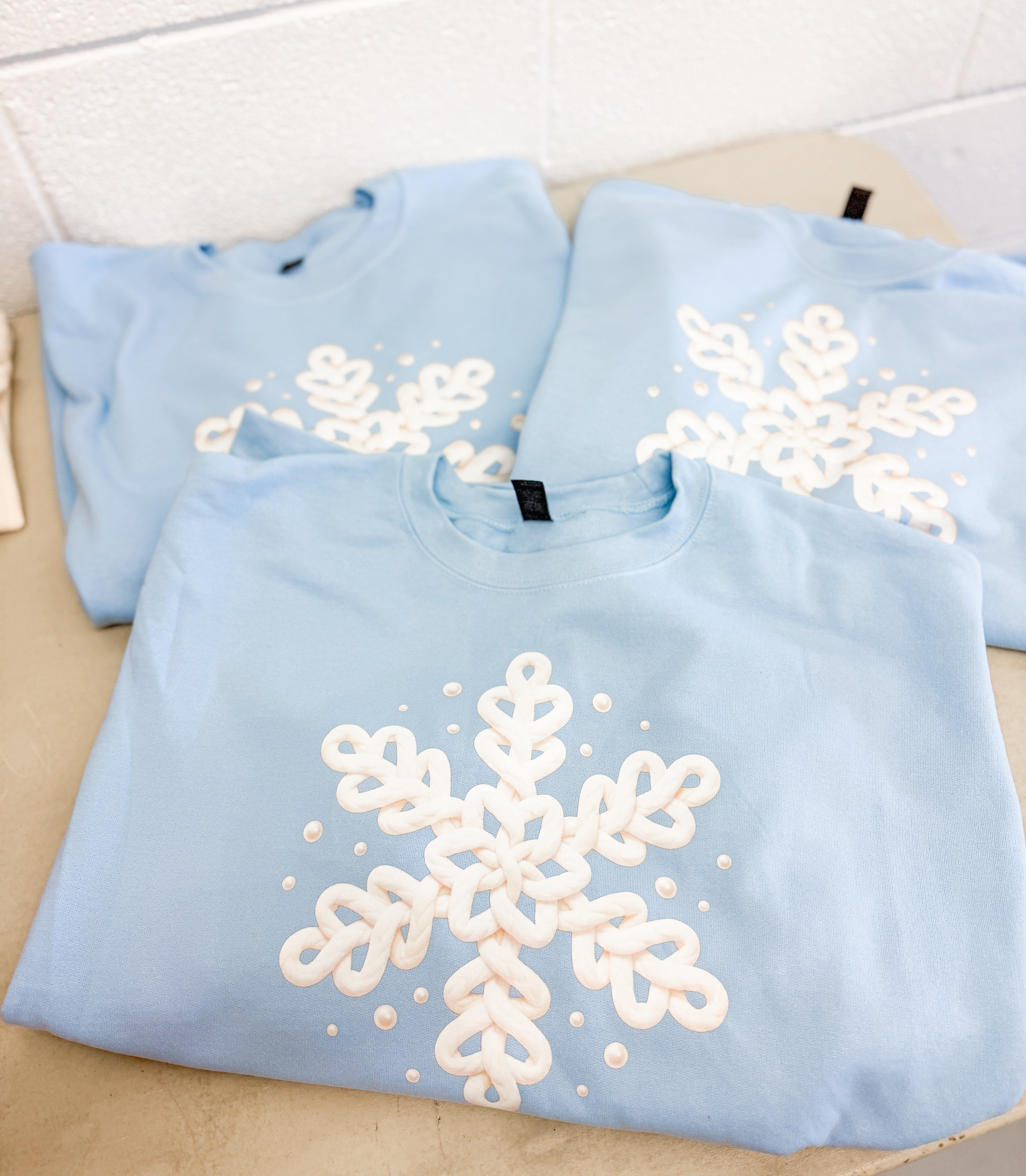 PREORDER: Snowflake Faux Crochet Sweatshirt, Light Blue