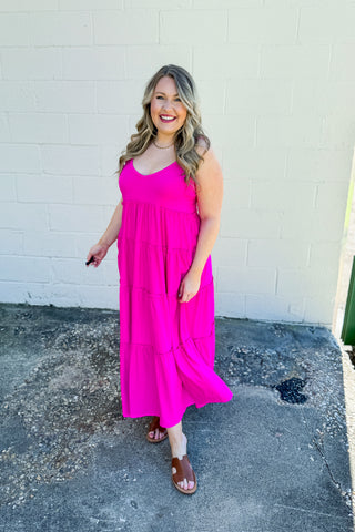 Olivia Tiered Maxi Dress, Hot Pink