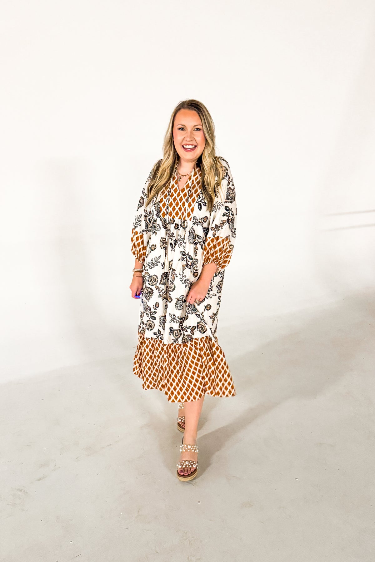 knee length dresses for ladies Rustic Charm Mix Print Midi Dress