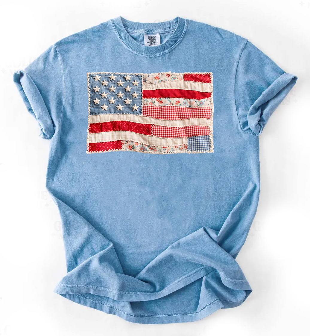 PREORDER: Faux Patchwork Flag Graphic Tee, Washed Denim