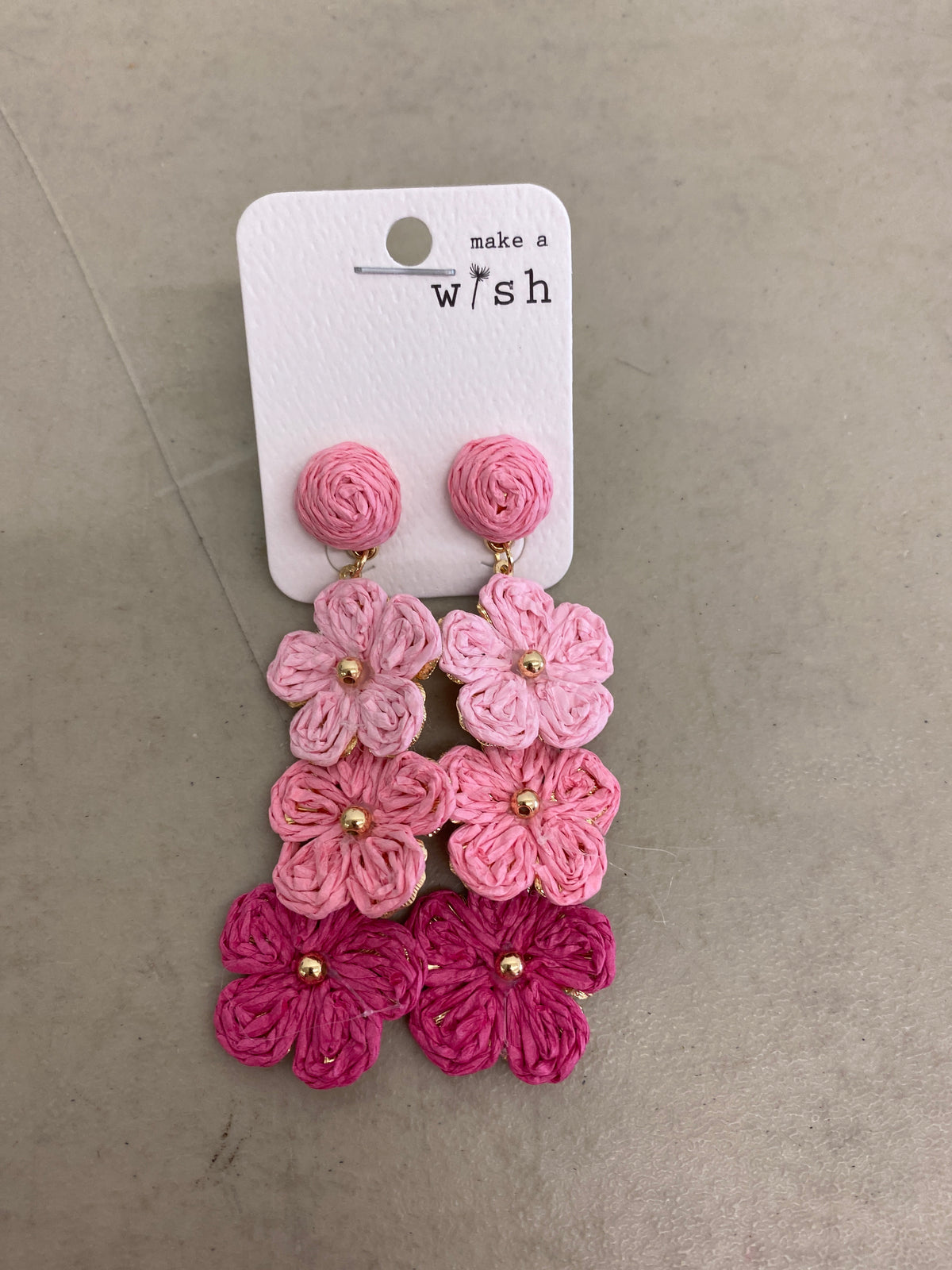 Raffia Flower Post Drop Earrings, Pink