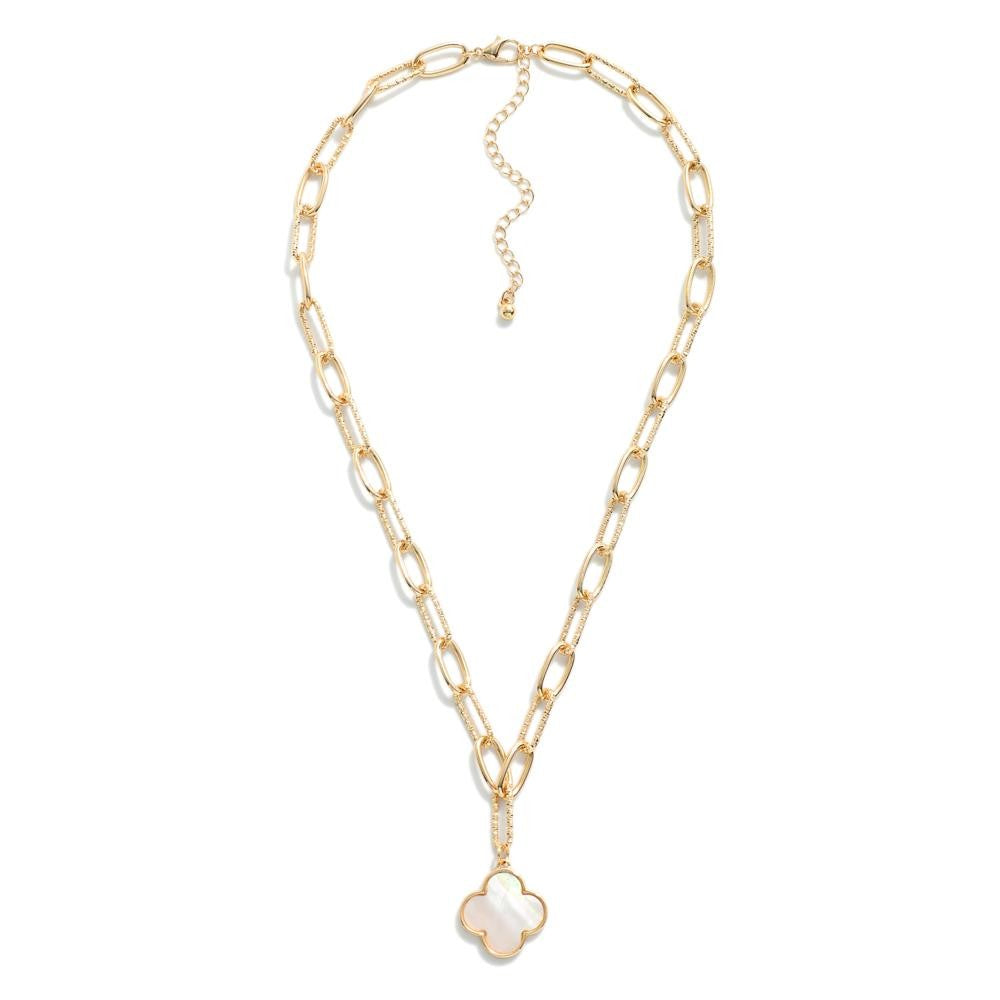 Paperclip Chain Link Necklace Featuring Clover Pendant, Gold