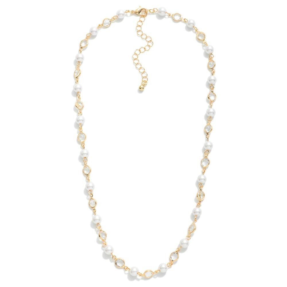 Pearl & Glass Crystal Linked Metal Tone Necklace, Gold