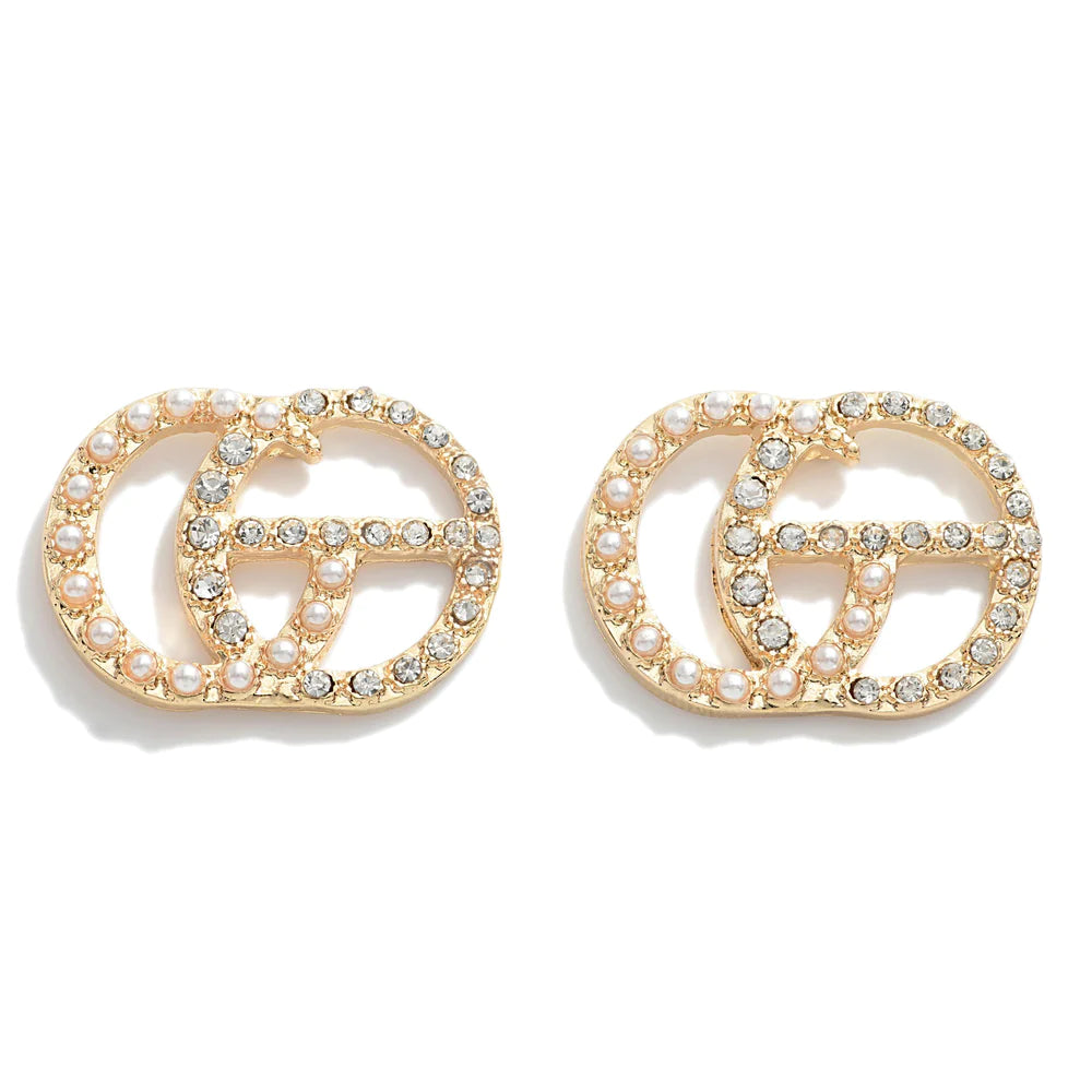 Gold Tone Double Circle Stud Earrings Featuring Pearl and Rhinestone Accents, Gold