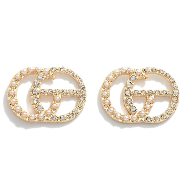 Gold Tone Double Circle Stud Earrings Featuring Pearl and Rhinestone Accents, Gold