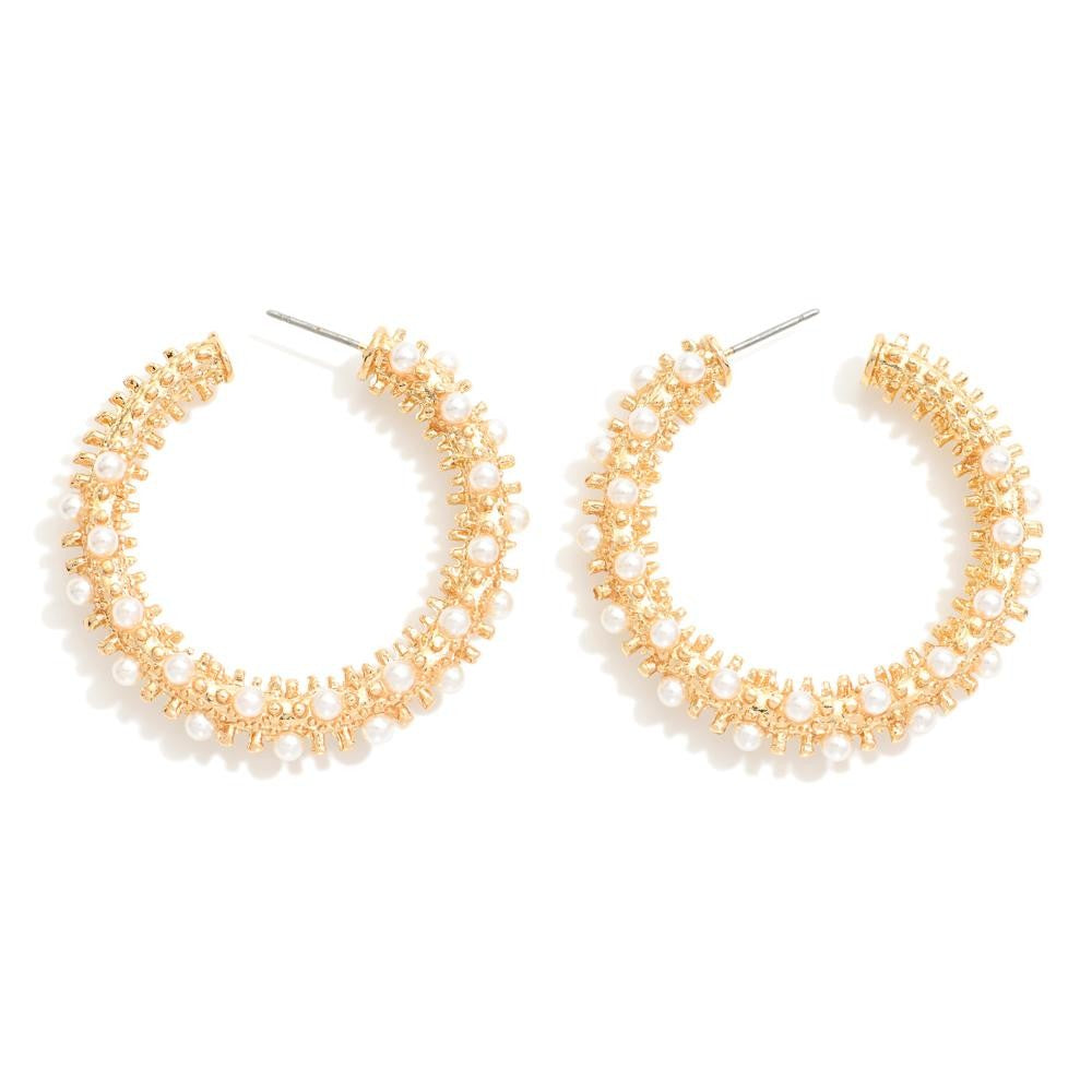 Textured Metal Hoop Earrings With Pearl Details, Gold