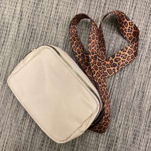 Nylon Adjustable Belt Bag with Leopard Strap, Cream/Brown