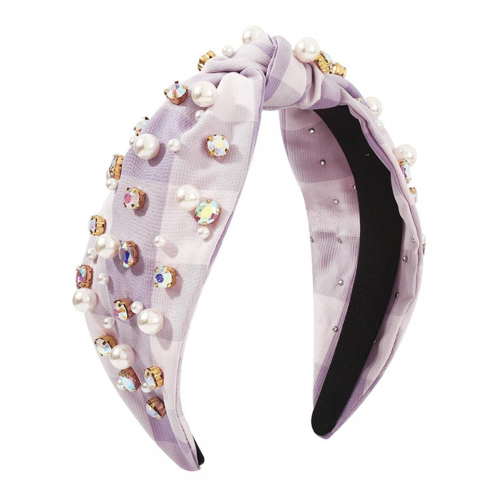 Rhinestone & Pearl Studded Plaid Headband, Lilac