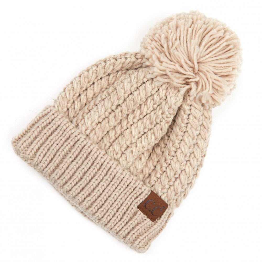 Twisted Mock Cable Knit Pom Beanie, Beige