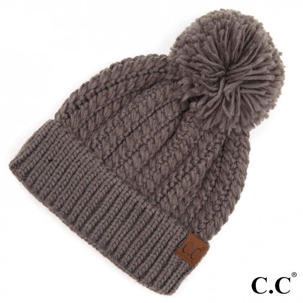 Twisted Mock Cable Knit Pom Beanie, Grey