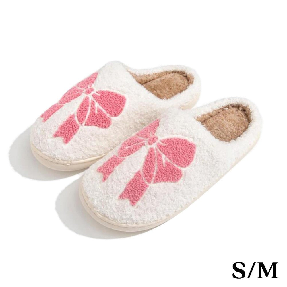 Plush Bow Slide On Slippers, Pink