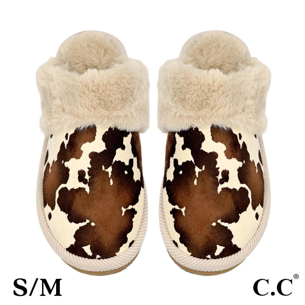 Cow Print Faux Fur Slippers