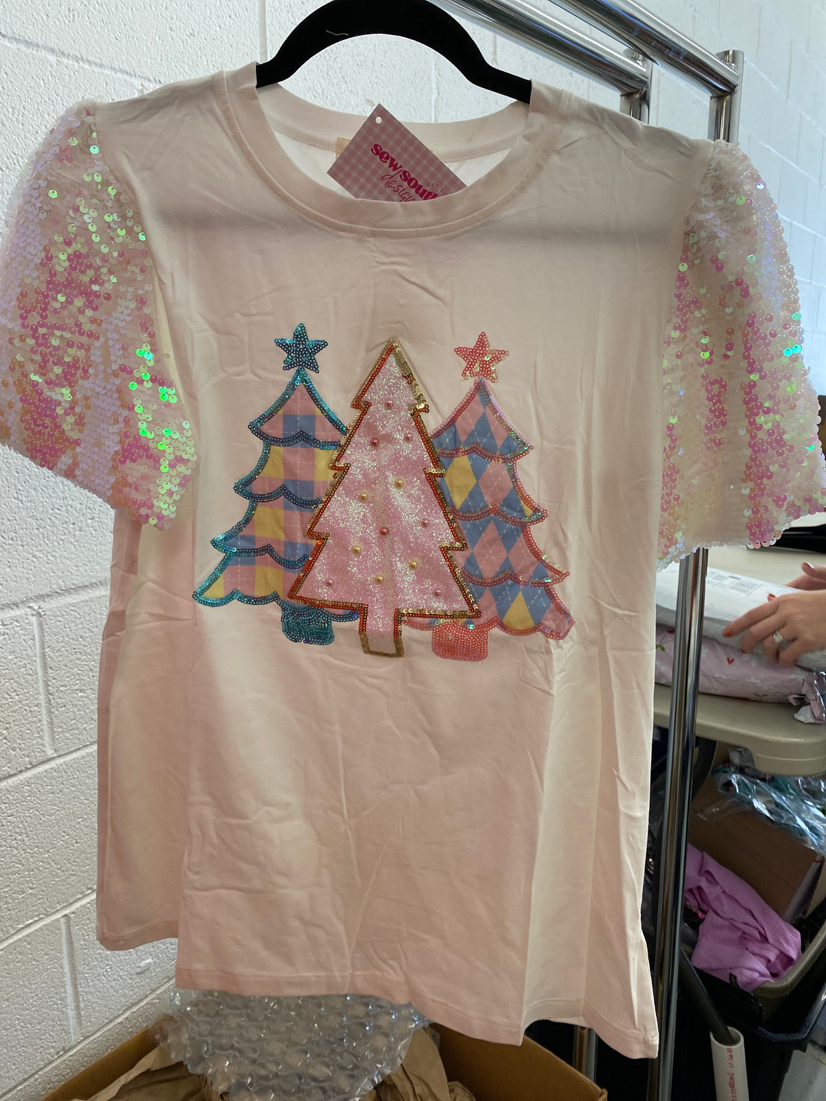 Festive Forest with Sequin Sleeves, White