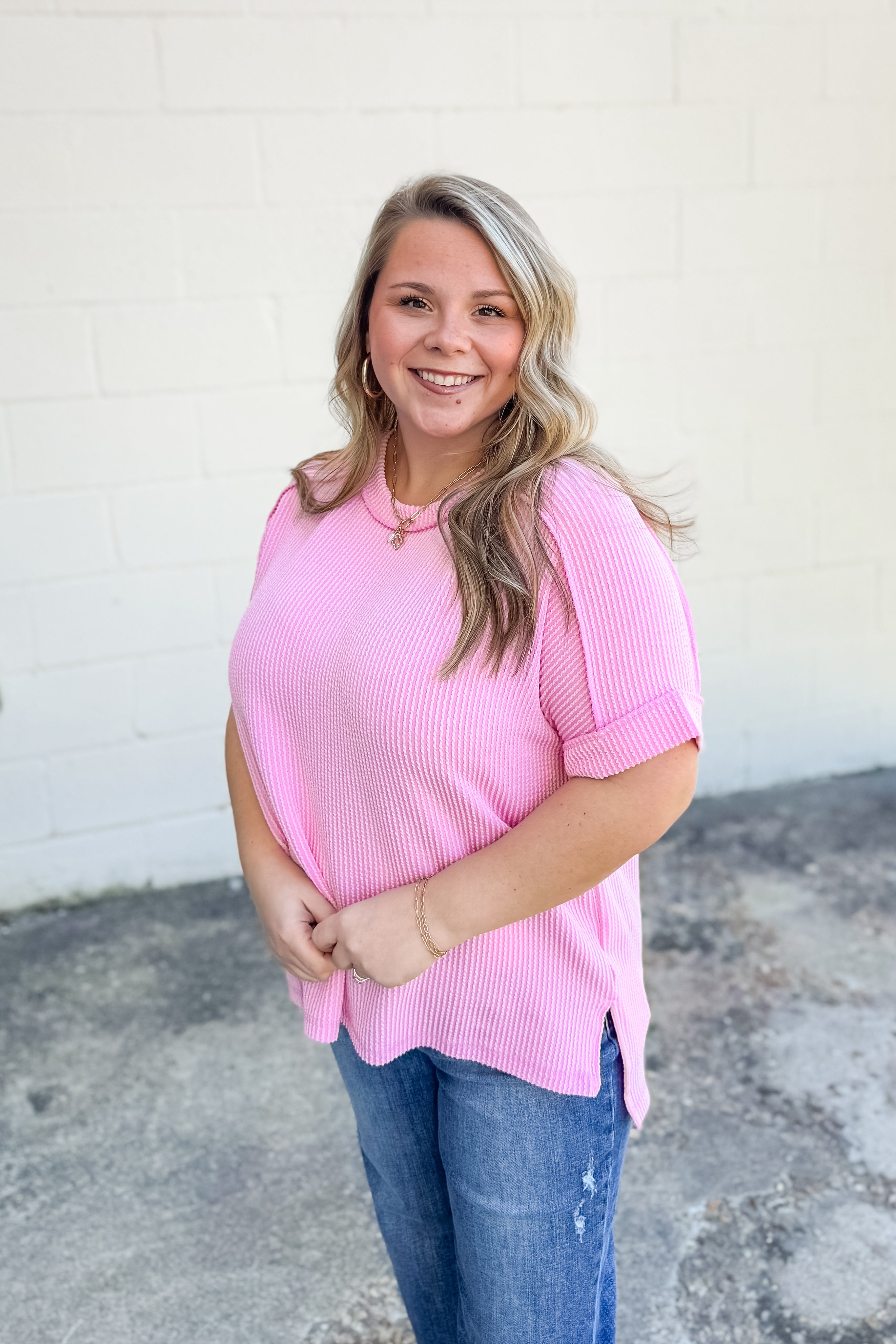 Jordan Crew Neck Ribbed Top, Pink