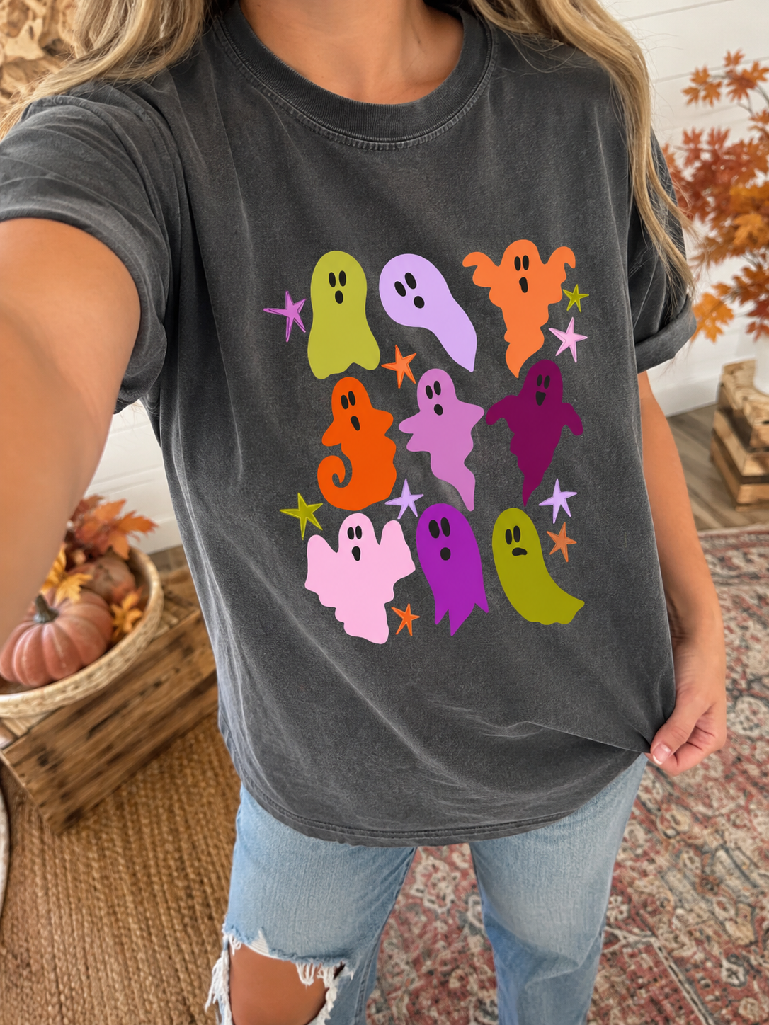 Multi Colorful Ghosts Graphic Tee, Pepper