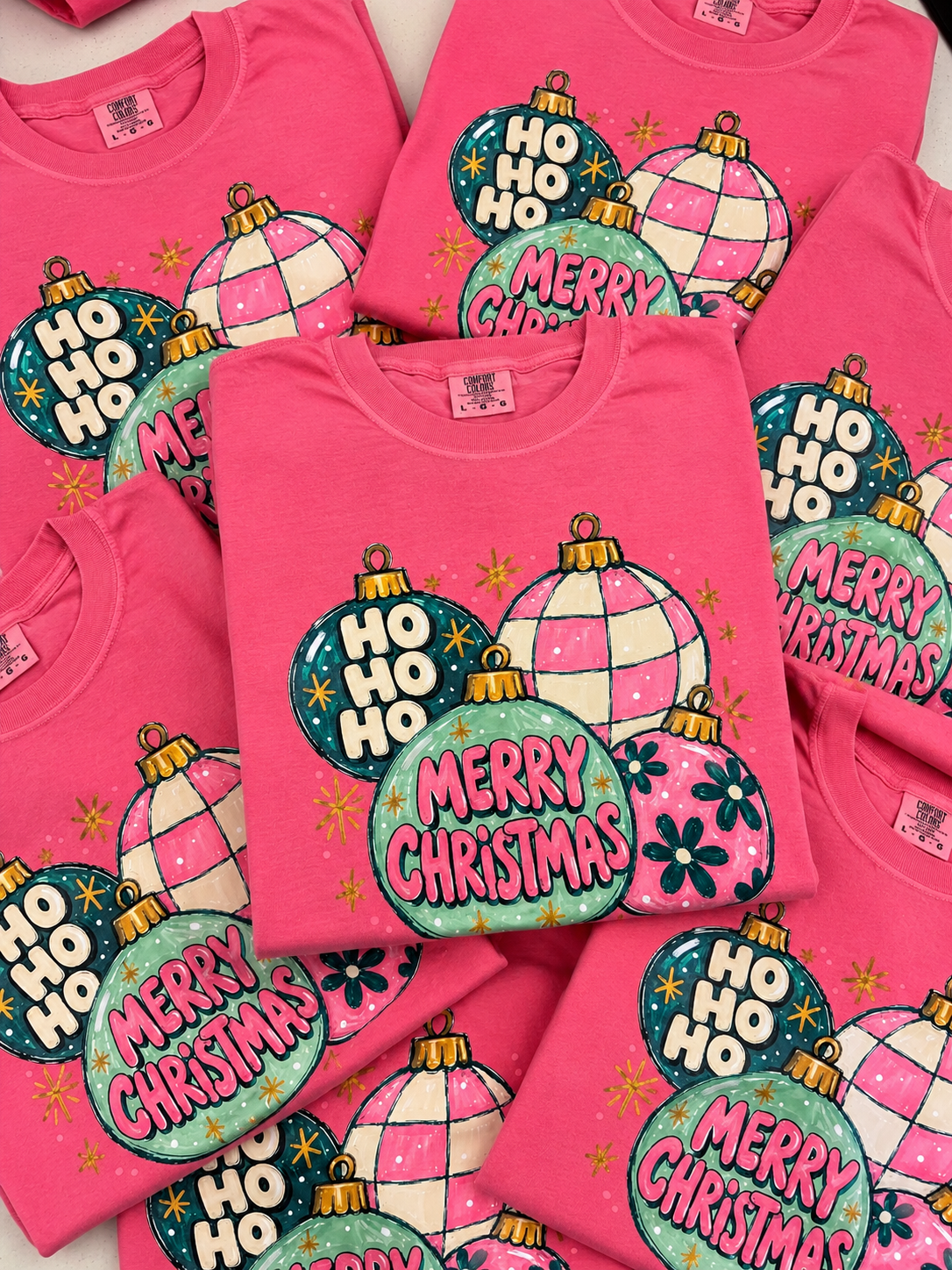 Merry Christmas Ornaments Graphic Tee, Crunchberry