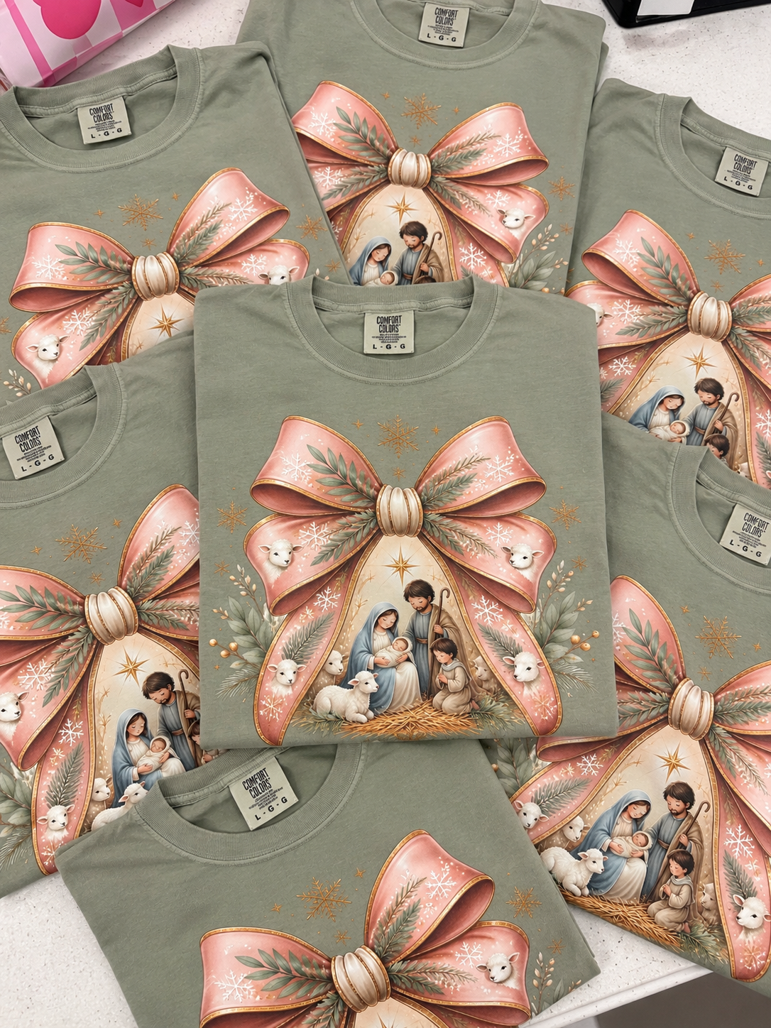 Pink Bow Nativity Graphic Tee, Sandstone