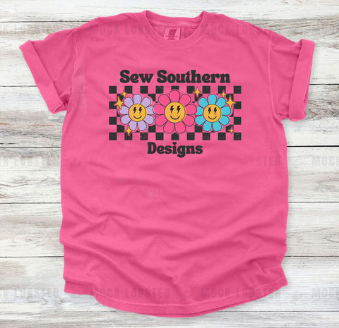 Sew Southern Checker Daisy Trio Graphic Tee, Crunchberry