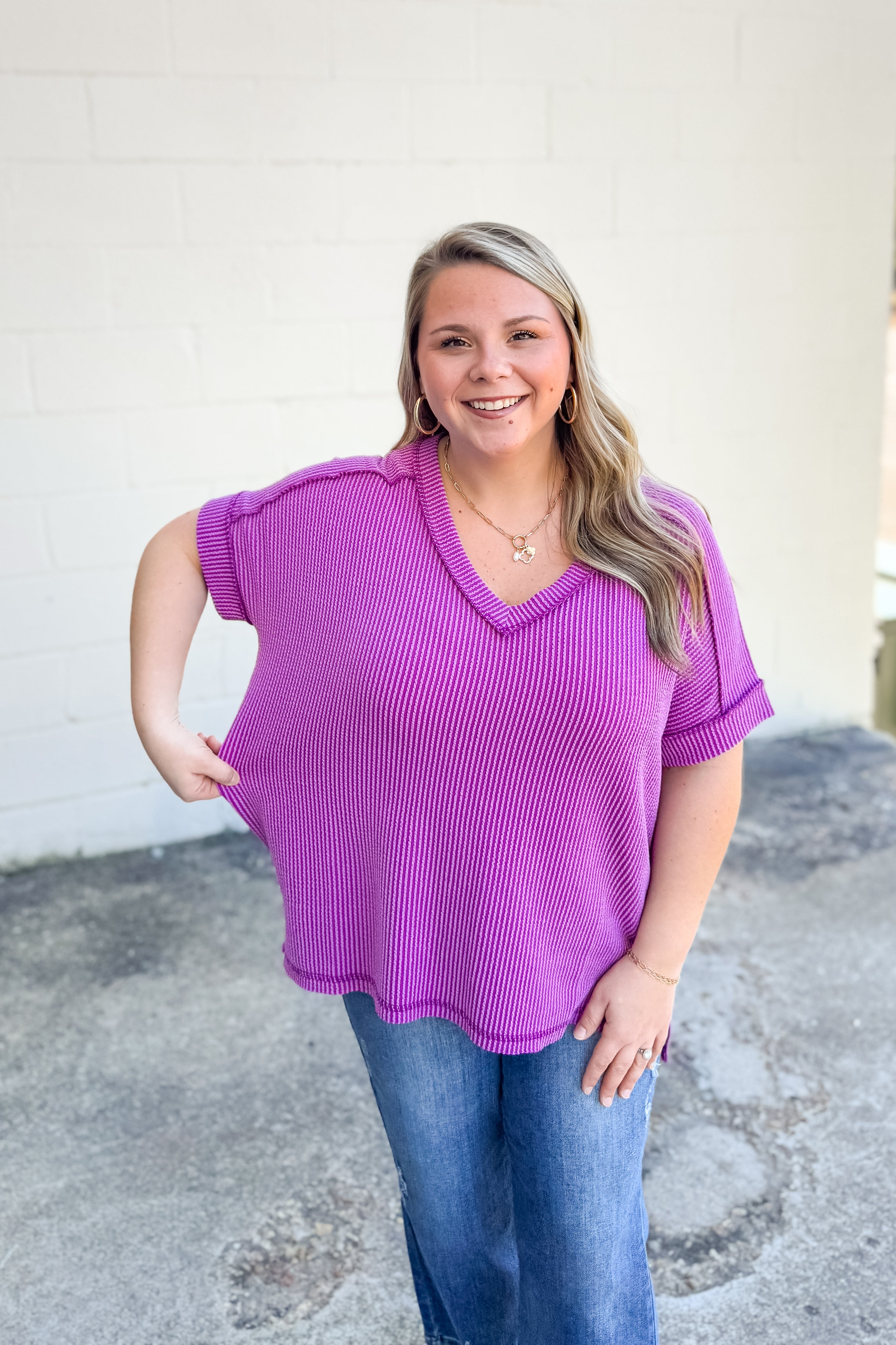 Teri V-Neck Ribbed Top, Plum