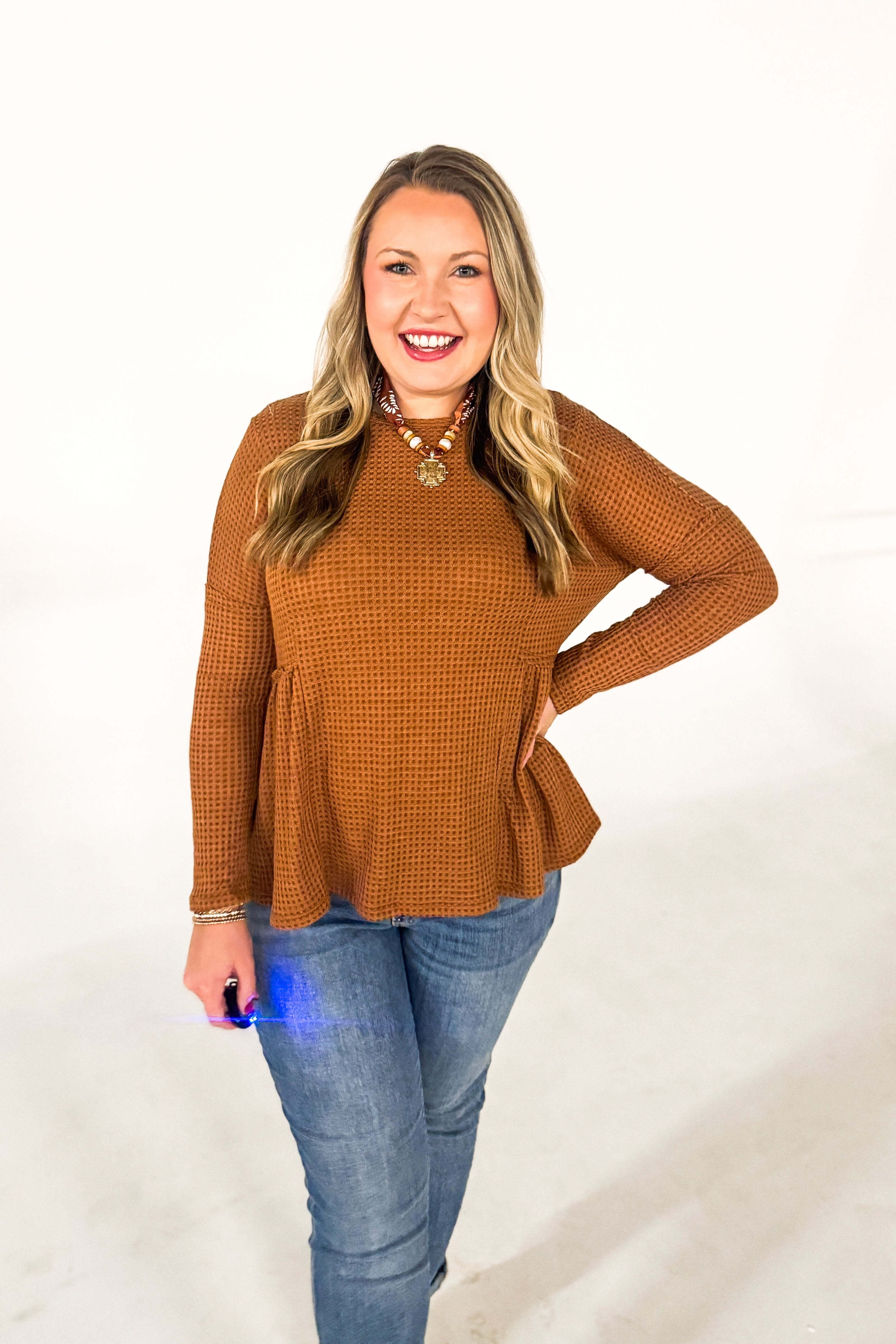 Cozy Days Waffle Knit Top, Rust