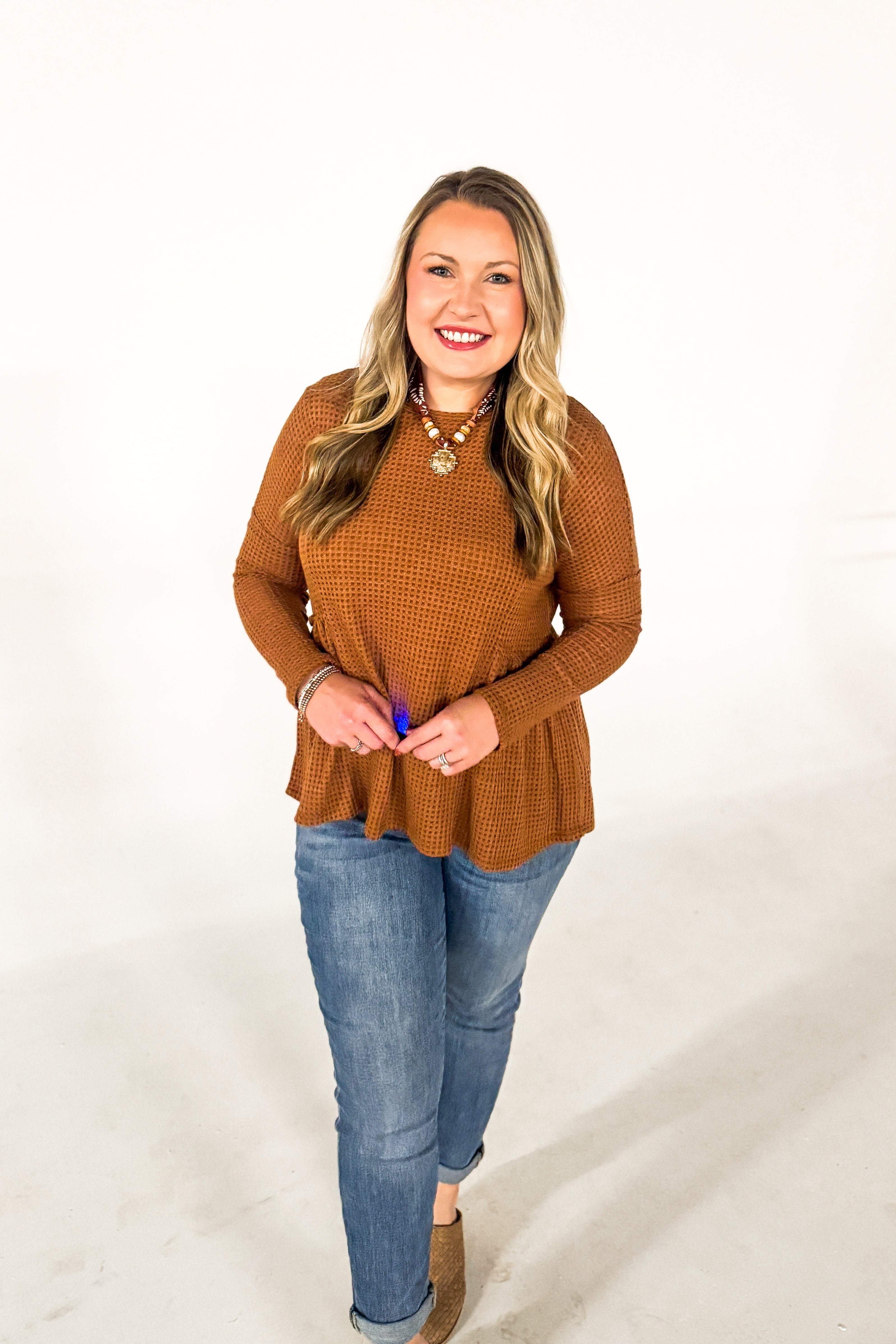 Cozy Days Waffle Knit Top, Rust