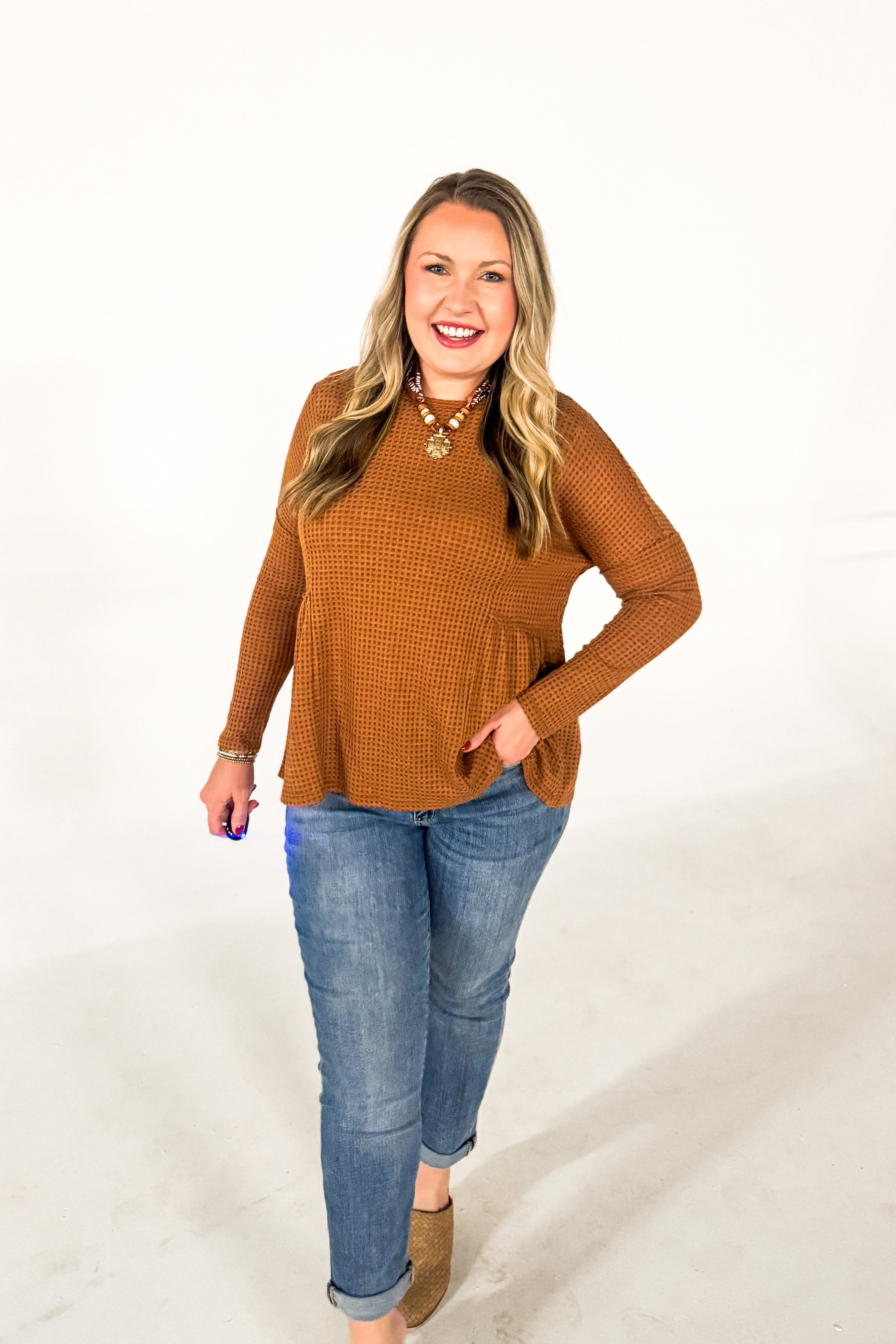 Cozy Days Waffle Knit Top, Rust