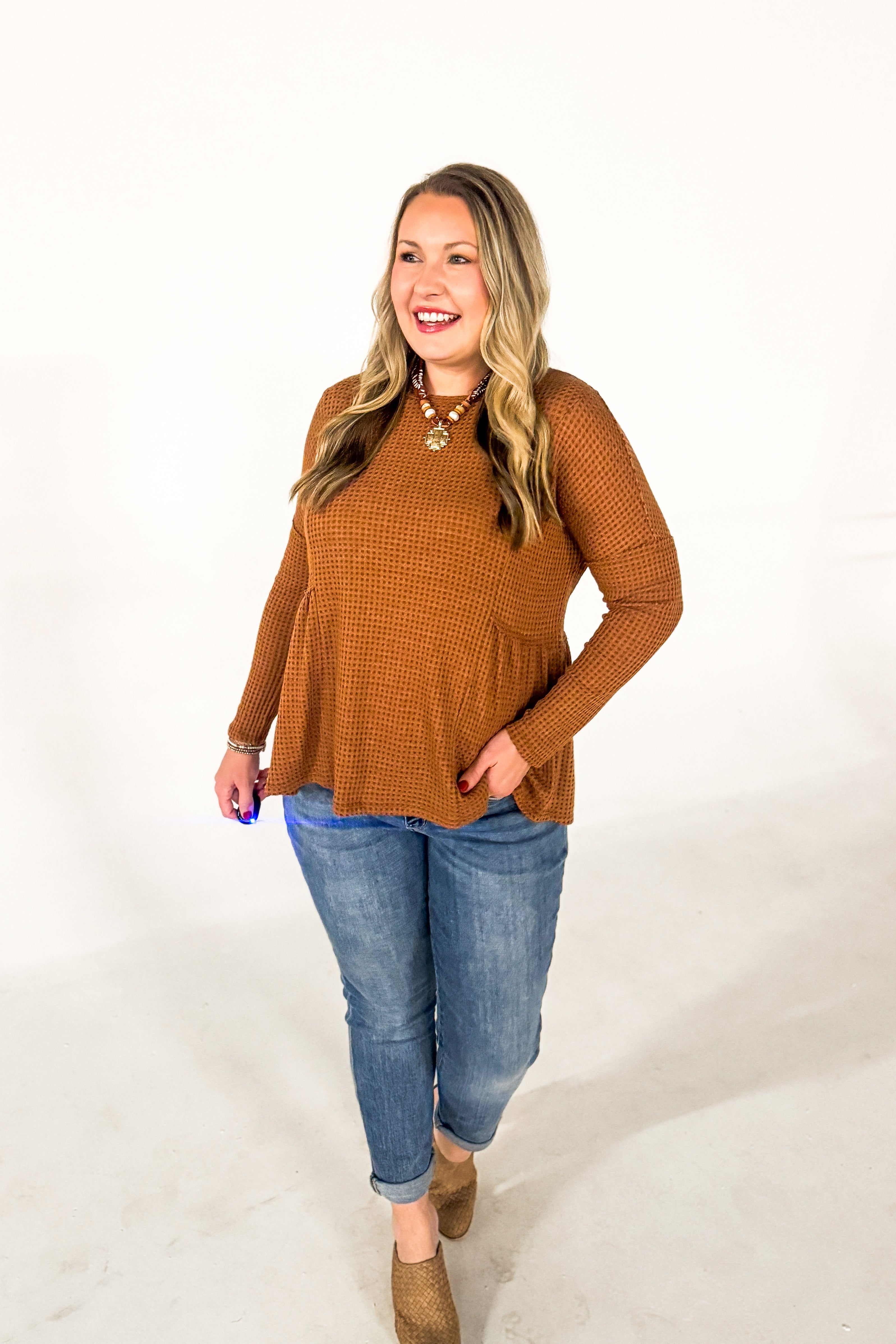 Cozy Days Waffle Knit Top, Rust