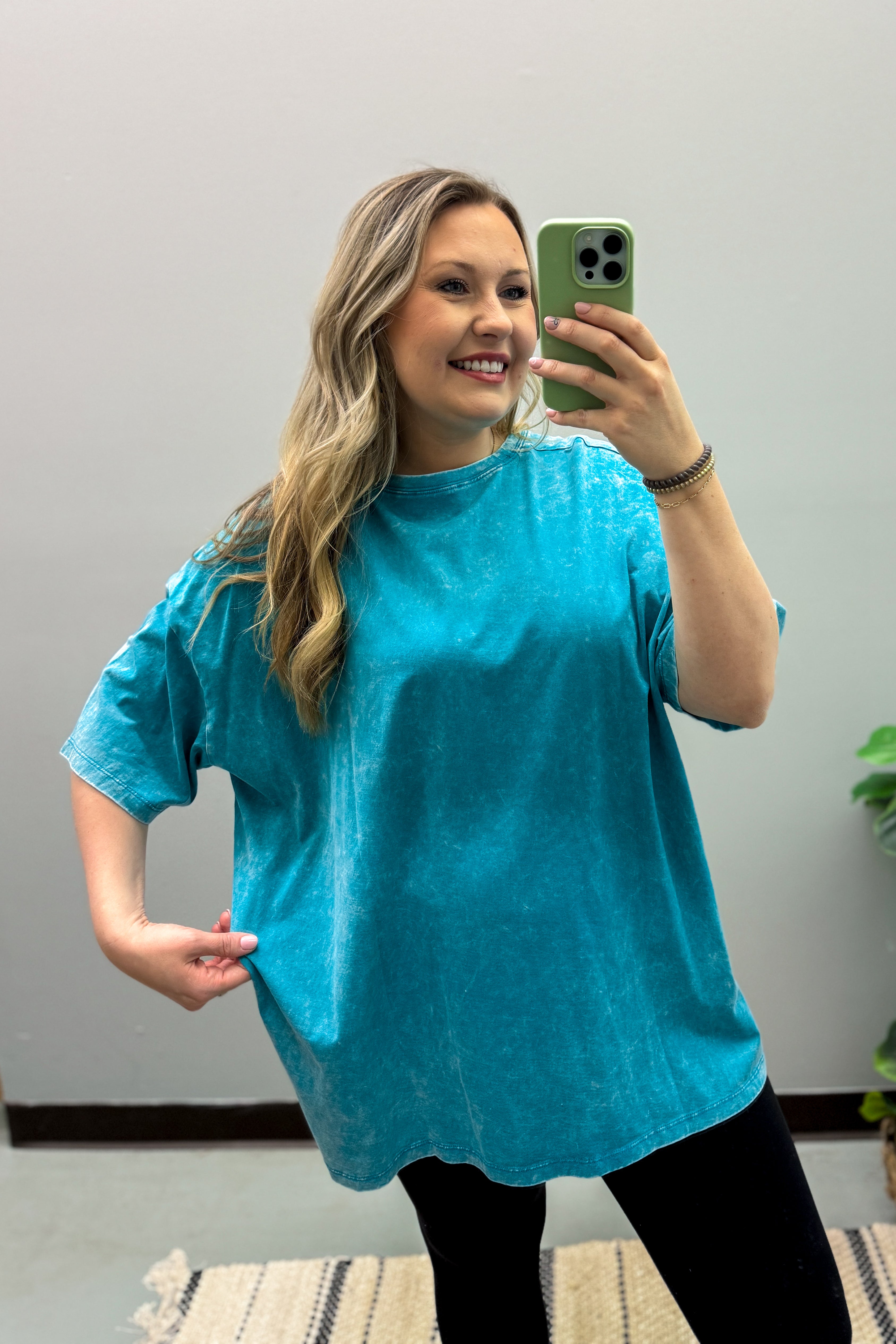 What You Are Oversized Acid Wash Top, Teal