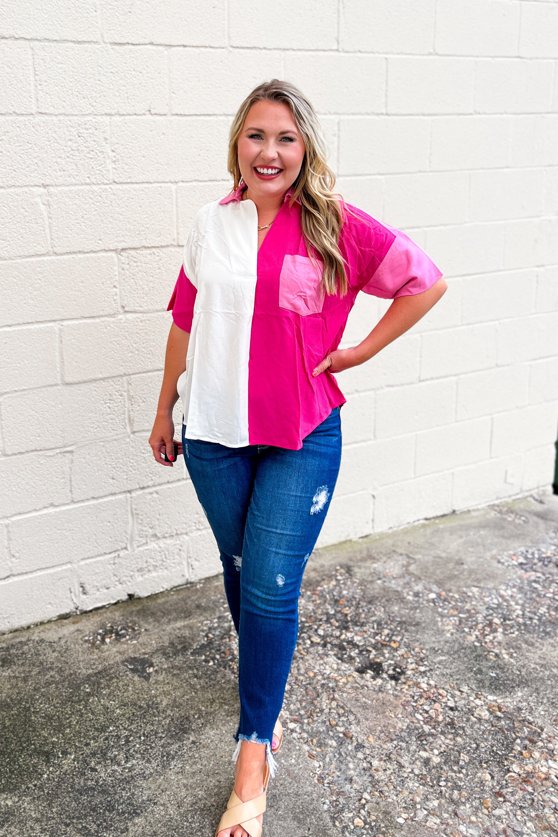 Repeat The Past Color Block Top, Pink