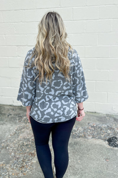 She Has It All Leopard Cowl Neck Top, Charcoal