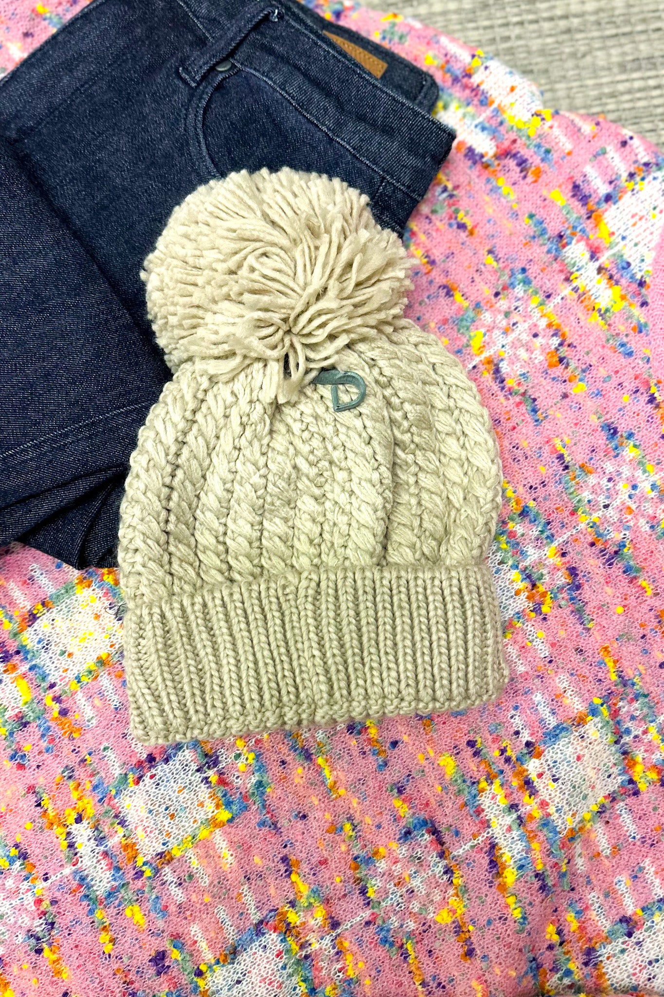 Twisted Mock Cable Knit Pom Beanie, Beige