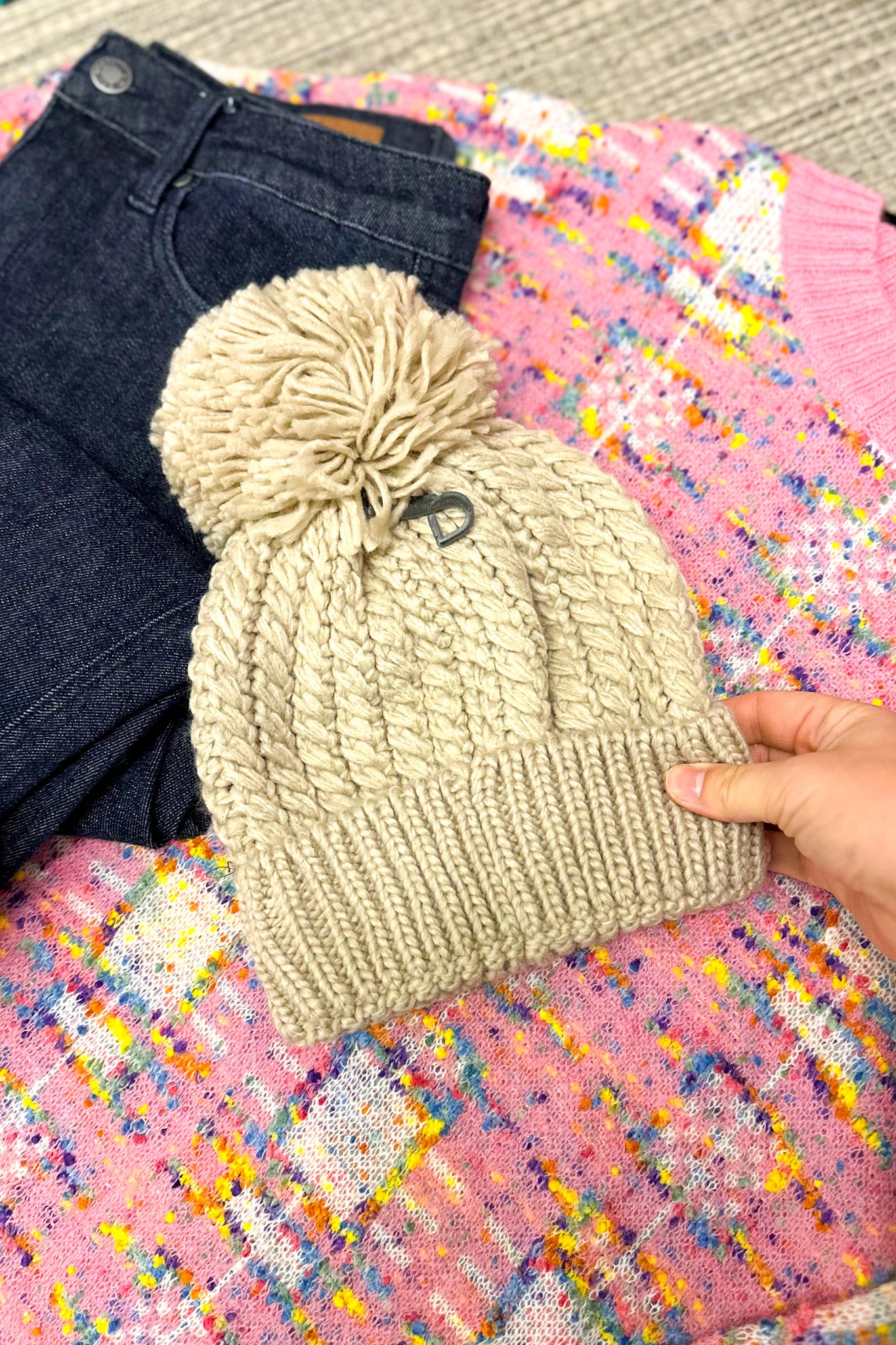 Twisted Mock Cable Knit Pom Beanie, Beige