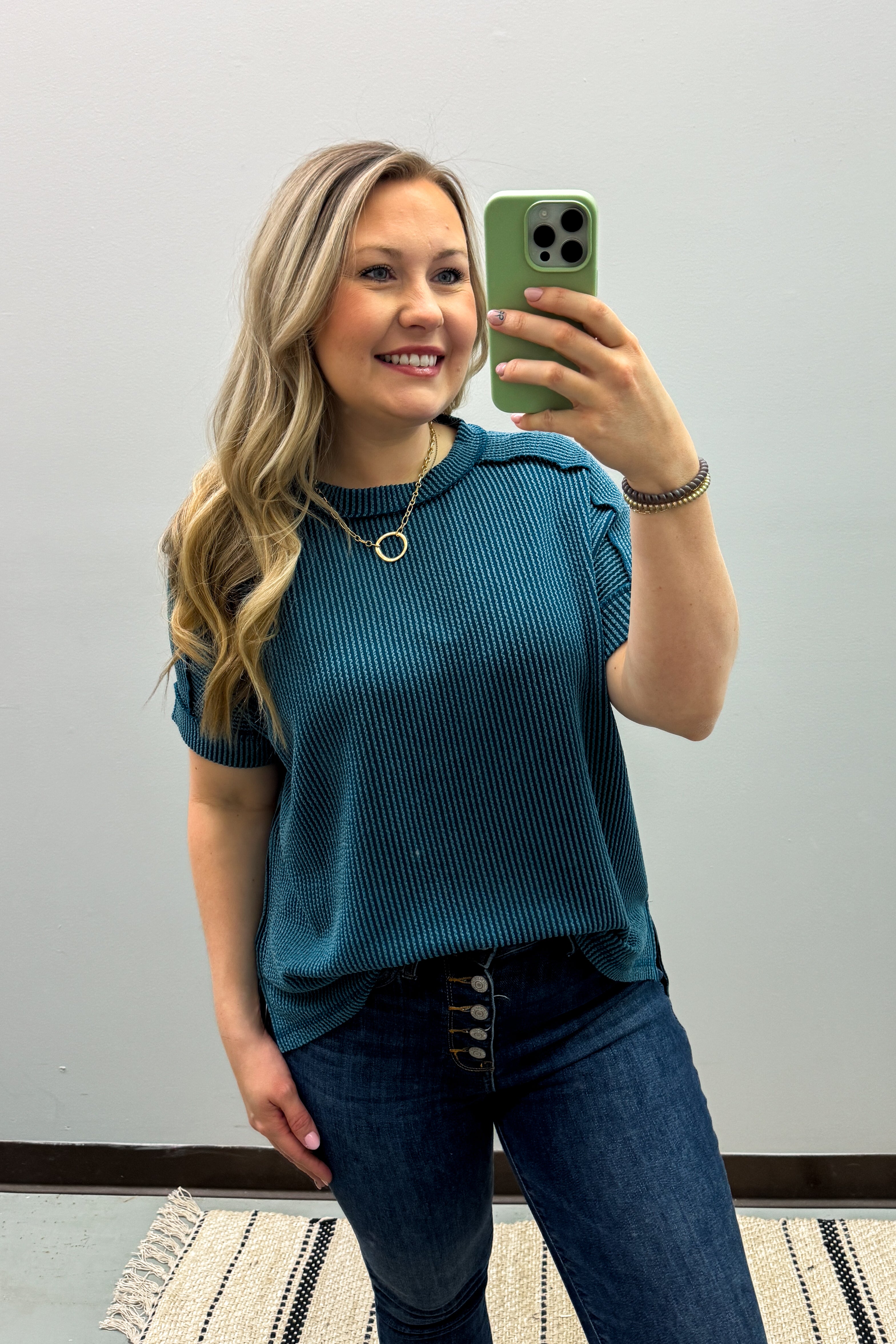 Jordan Crew Neck Ribbed Top, Teal