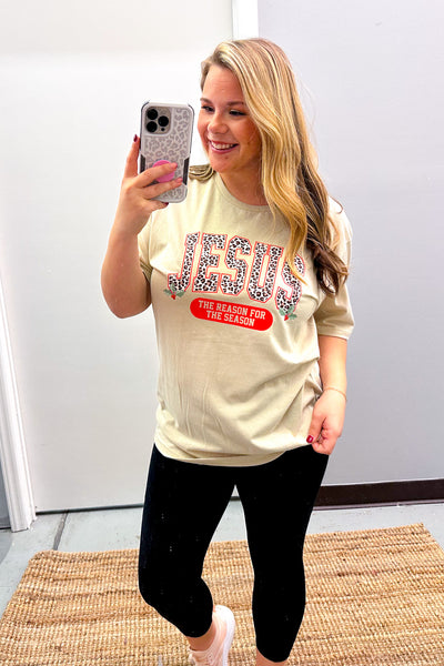 Leopard Jesus Is The Reason Graphic Tee, Sand