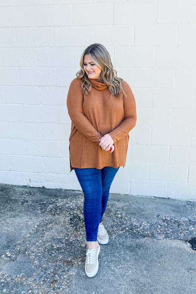 Waffle Knit Cowl Neck Tunic Top, Camel