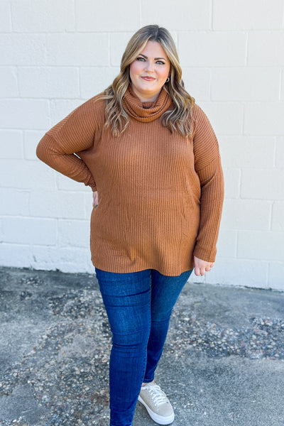 Waffle Knit Cowl Neck Tunic Top, Camel