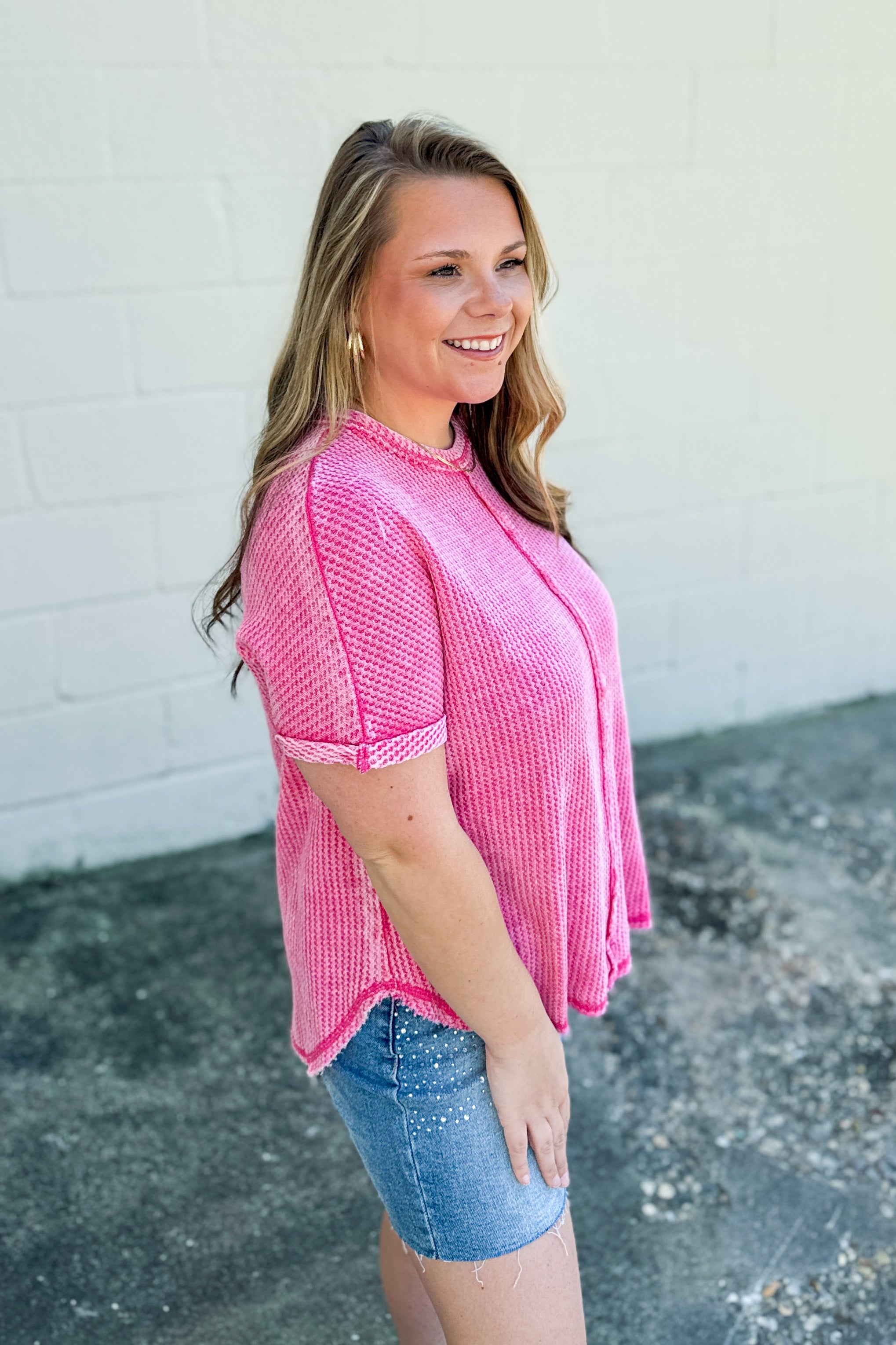 Back Then Right Now Waffle Knit Top, Fuchsia