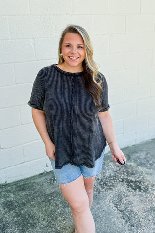 Back Then Right Now Waffle Knit Top, Ash Black